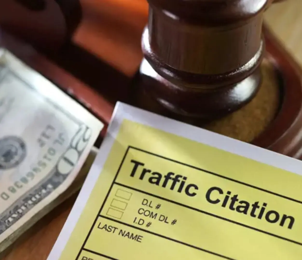 A traffic citation form sitting next to a gavel.