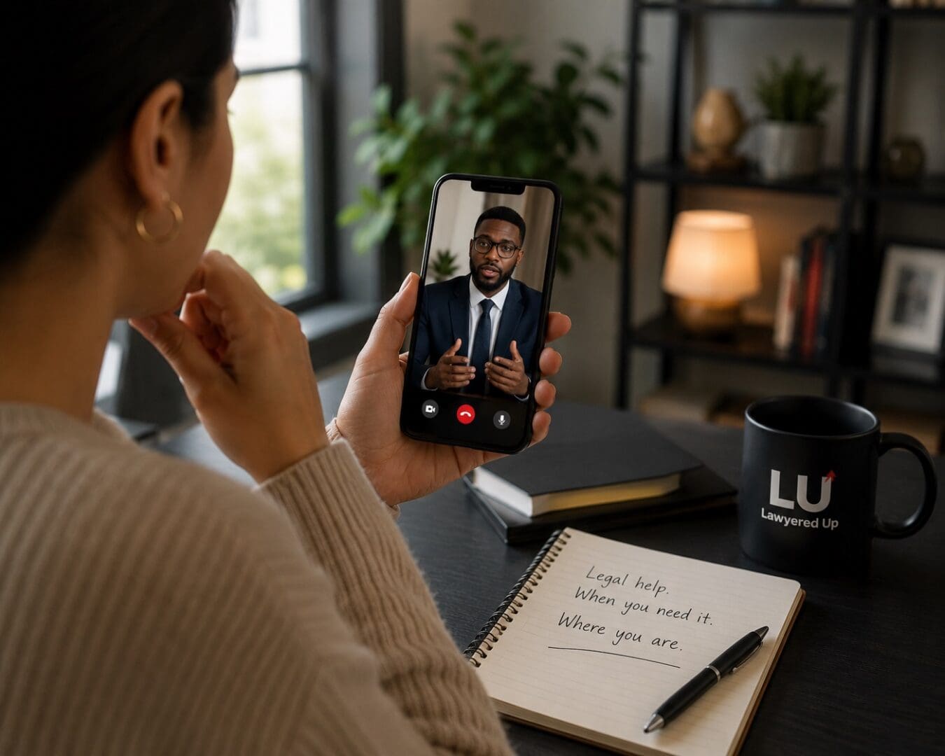 Woman video-calling lawyer from home office