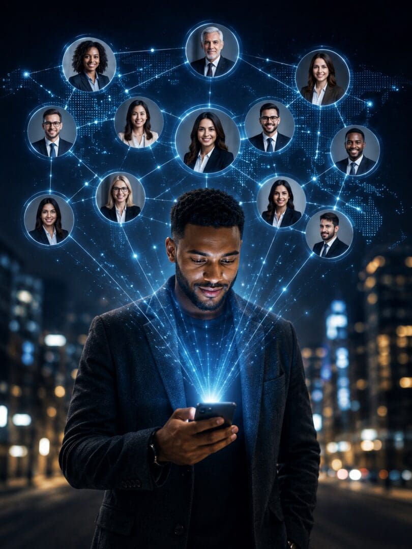 Man using phone with holographic professional network